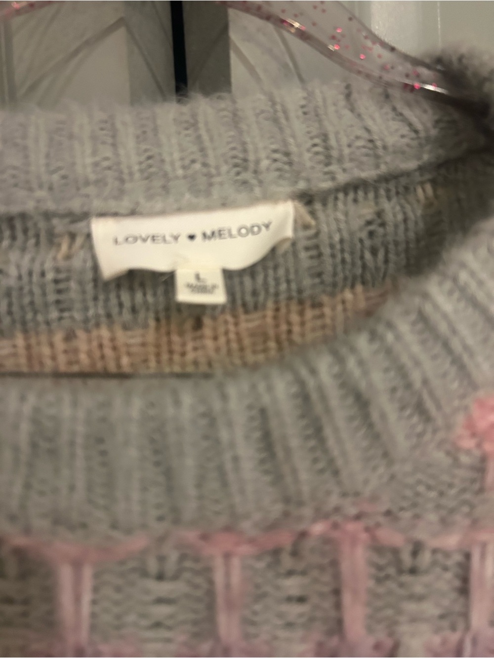Lovely Melody Gray Crewneck Sweater with Pastel Rainbow Stripes - Picture 4 of 4